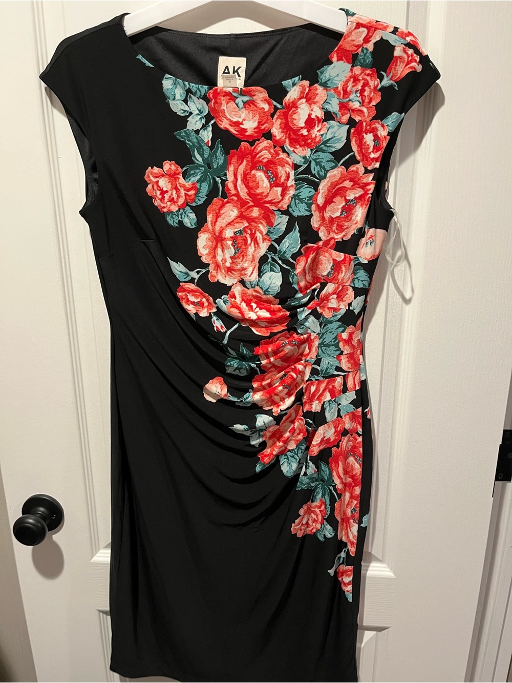 Anne Klein Black Midi Dress with Red Floral Print